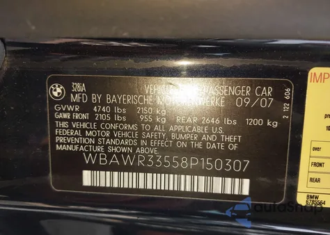 2008 BMW 328I z USA, uszkodzony, nr VIN WBAWR33558P150307